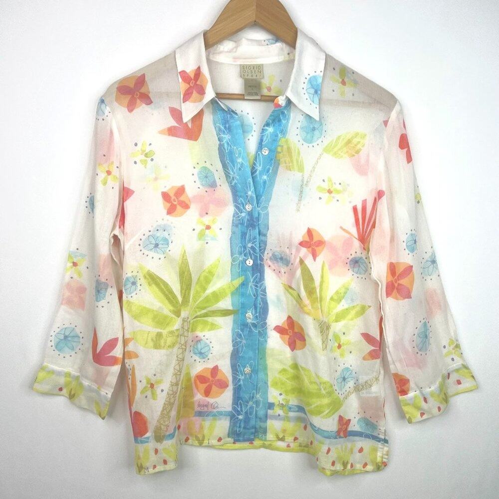 Sigrid Olsen Sport Tropical Semi-Sheer Blouse Petite Large